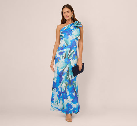 One Shoulder Floral Print Mermaid Gown In Blue Multi