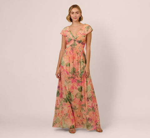 Printed Front Twist Gown In Blush Multi