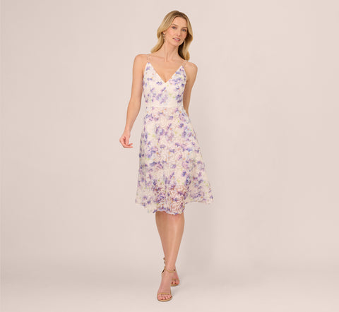 Floral Tulle Soutache A Line Midi Dress With Embellished Straps In Ivory Multi