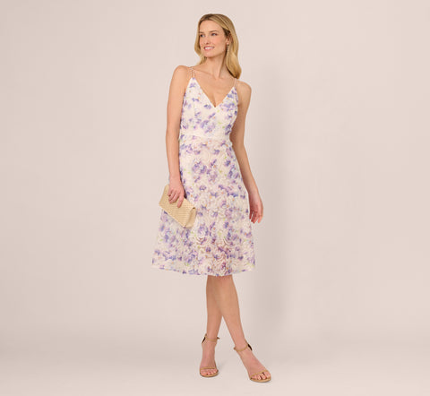 Floral Tulle Soutache A Line Midi Dress With Embellished Straps In Ivory Multi