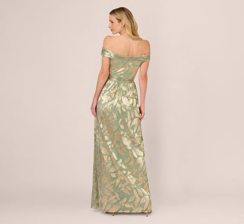 Off Shoulder Foil Leaf Crinkle Gown In Sage Gold