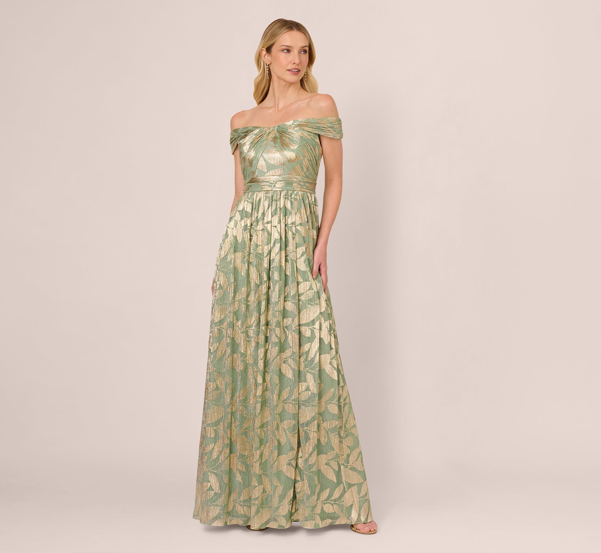 Off Shoulder Foil Leaf Crinkle Gown In Sage Gold 1