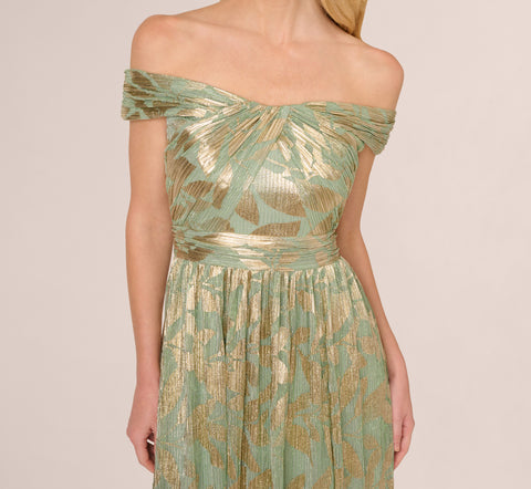 Off Shoulder Foil Leaf Crinkle Gown In Sage Gold