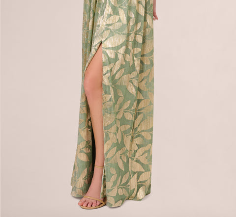 Off Shoulder Foil Leaf Crinkle Gown In Sage Gold