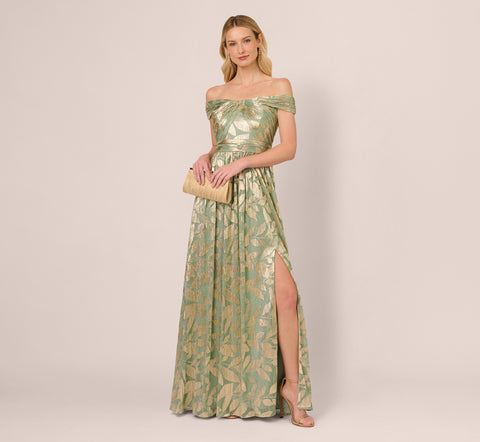 Off Shoulder Foil Leaf Crinkle Gown In Sage Gold