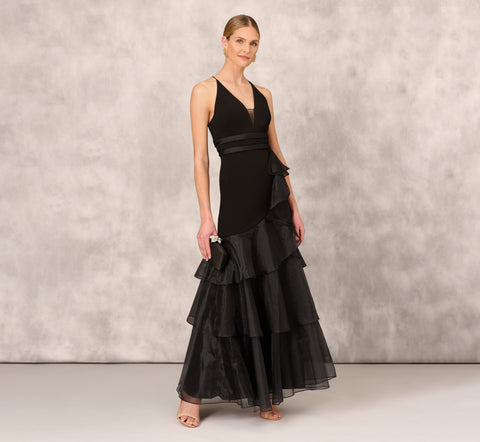 Tiered Trumpet Dress With Ruffles In Black