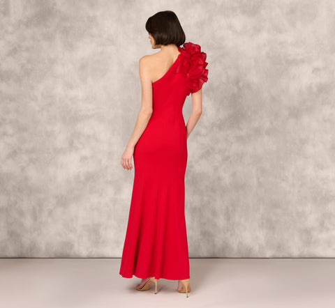 One Shoulder Mermaid Dress With Organza Sleeve In Red