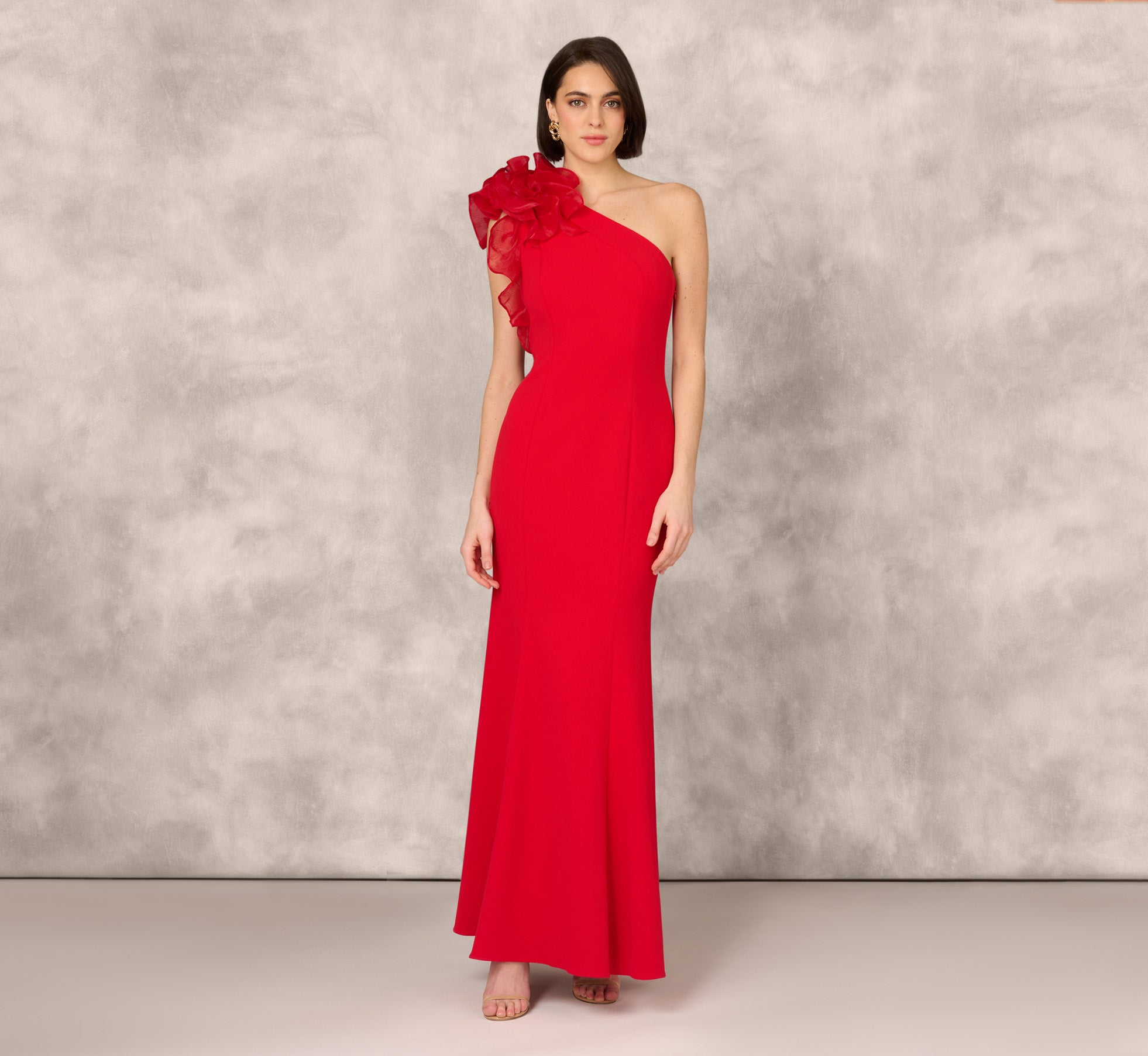 One Shoulder Mermaid Dress With Organza Sleeve In Red 1