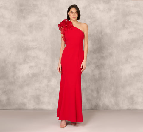 One Shoulder Mermaid Dress With Organza Sleeve In Red