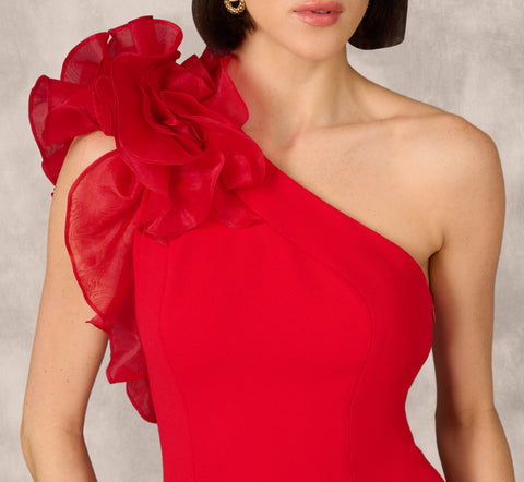 One Shoulder Mermaid Dress With Organza Sleeve In Red