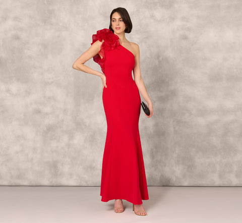 One Shoulder Mermaid Dress With Organza Sleeve In Red