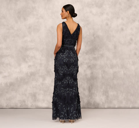 Beaded Ruffle Sleeveless Gown With V-Neck And Back In Twilight