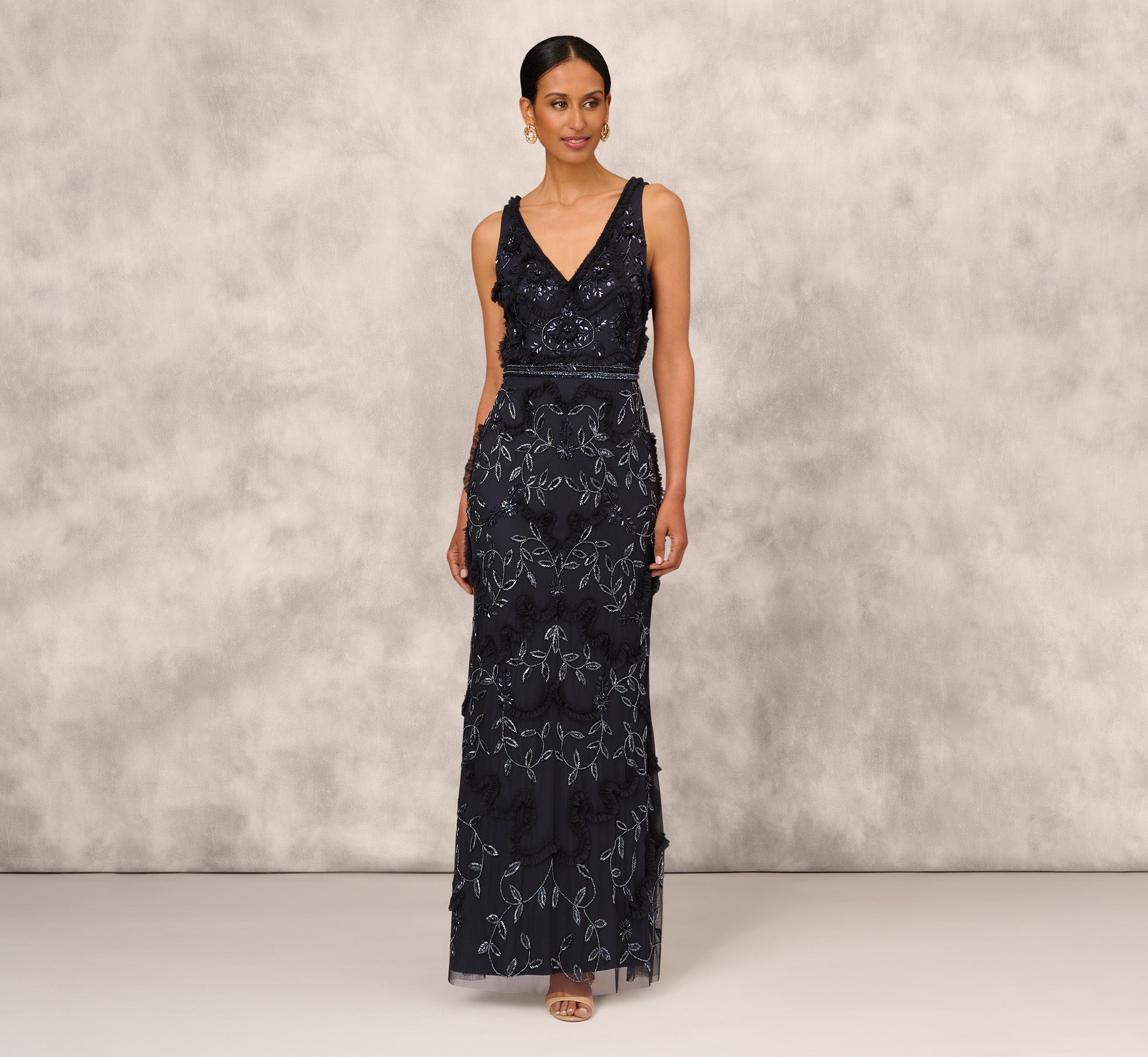 Beaded Ruffle Sleeveless Gown With V Neck And Back In Twilight