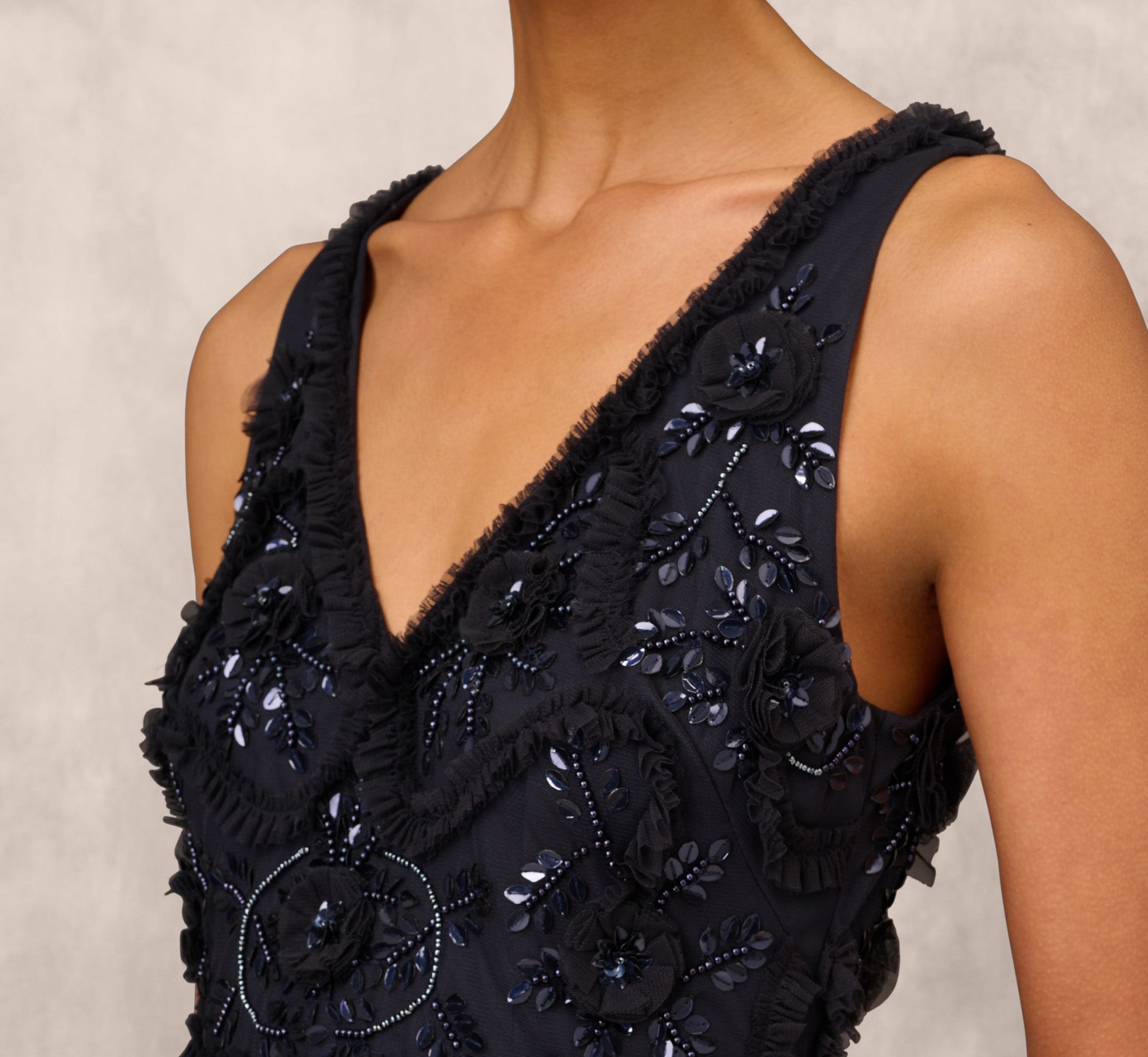 Beaded Ruffle Sleeveless Gown With V Neck And Back In Twilight