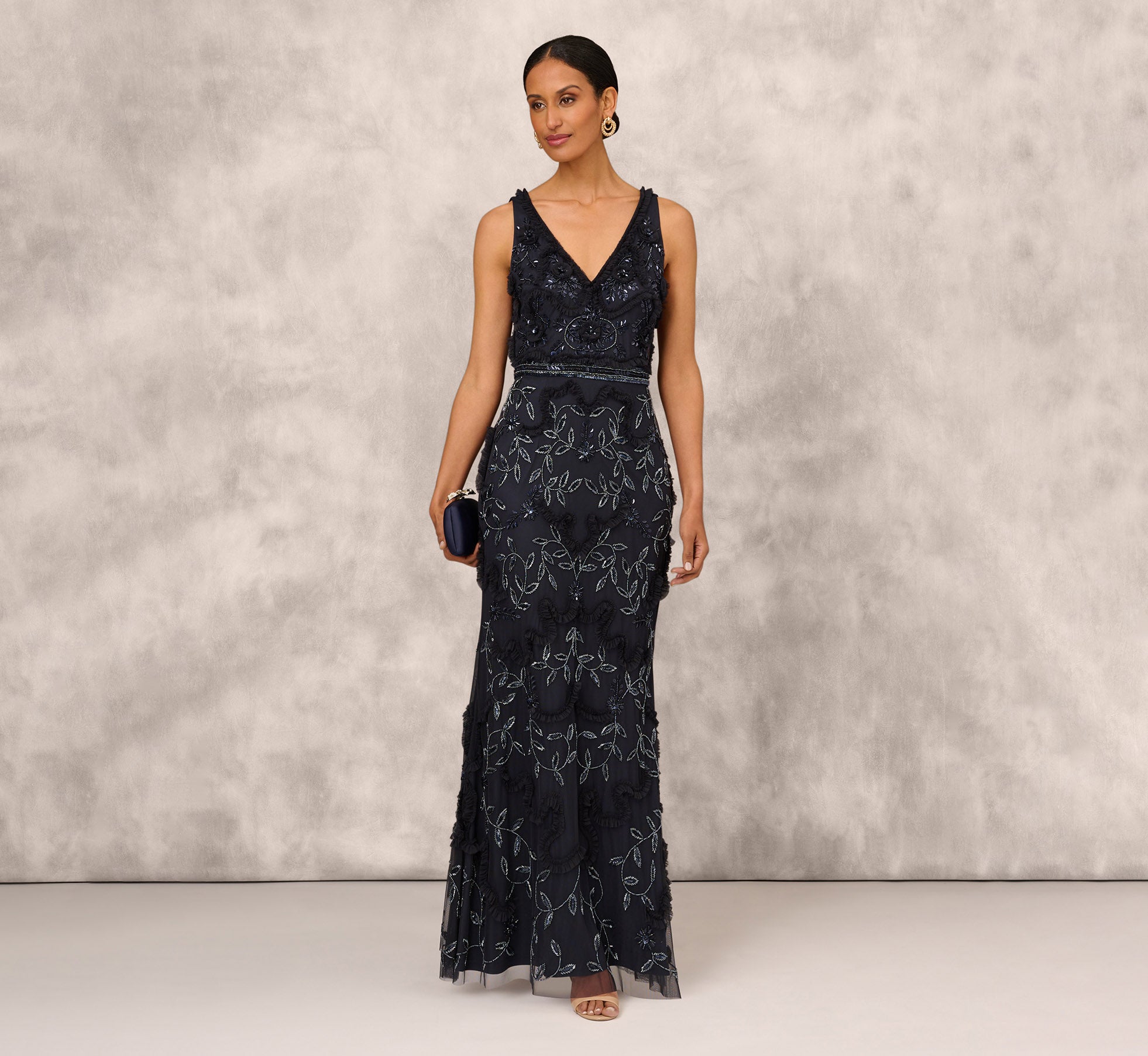 Beaded Ruffle Sleeveless Gown With V Neck And Back In Twilight