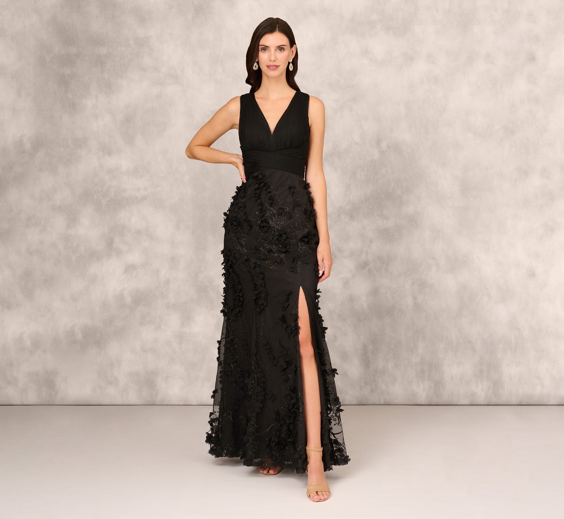 Embroidered Long Gown With Slit In Black Adrianna Papell