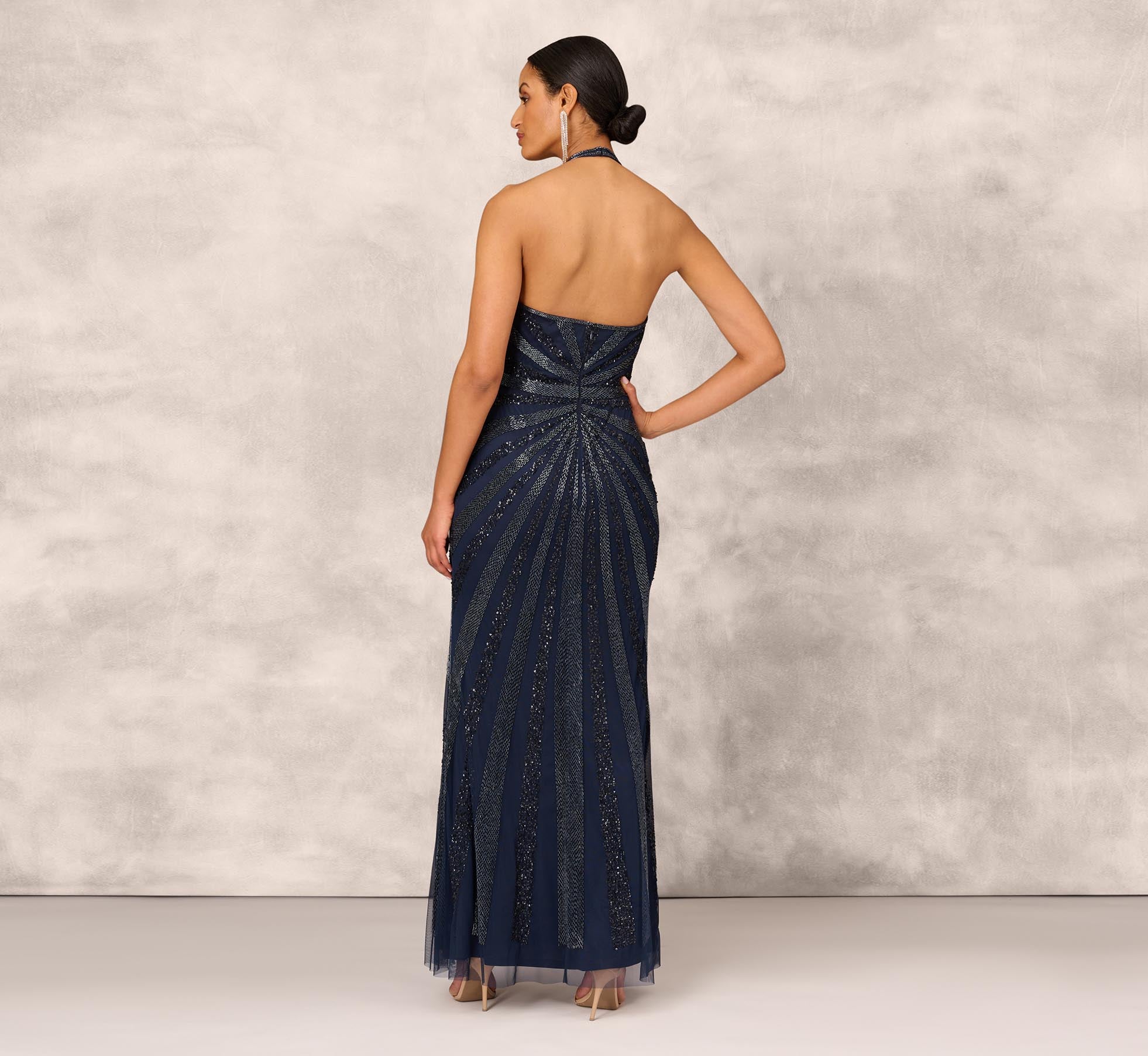 Dazzling Beaded Halter Gown With Deep V Neckline In Navy