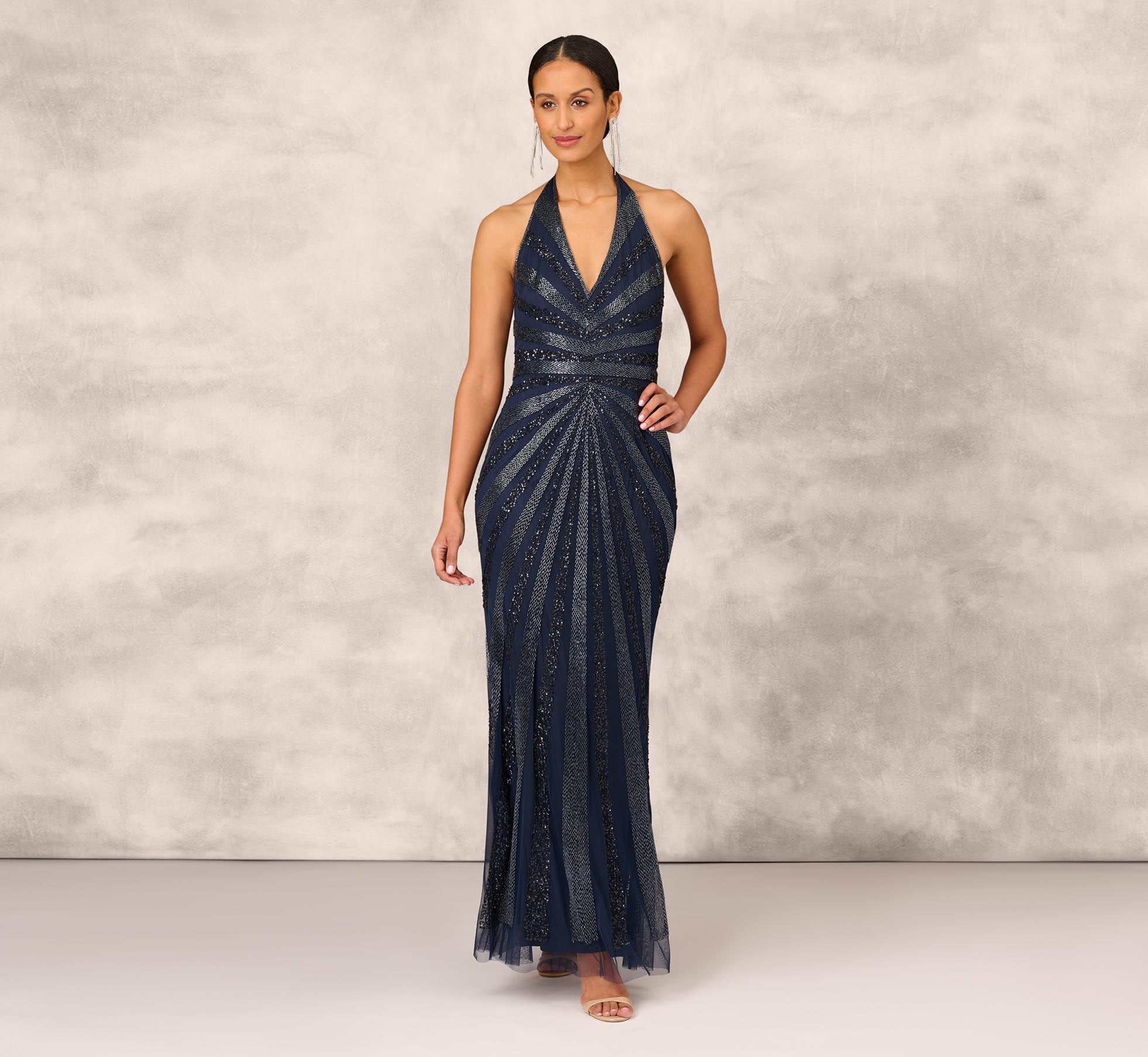 Dazzling Beaded Halter Gown With Deep V-Neckline In Navy 1