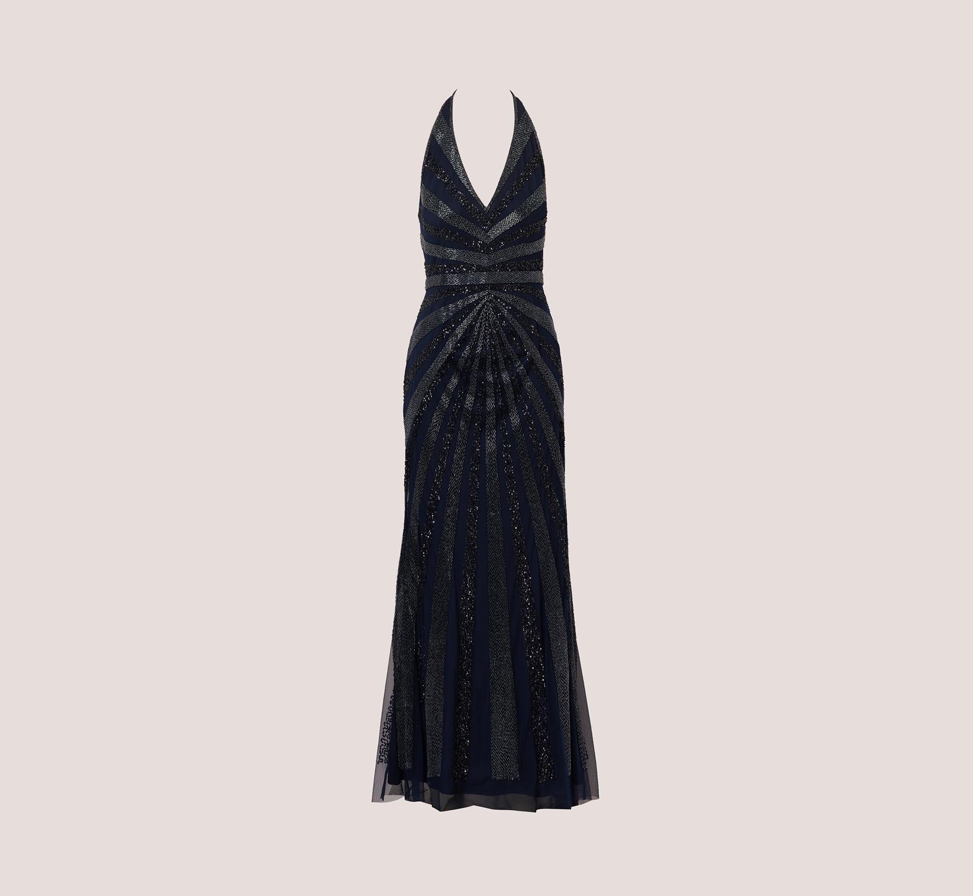 Dazzling Beaded Halter Gown With Deep V Neckline In Navy