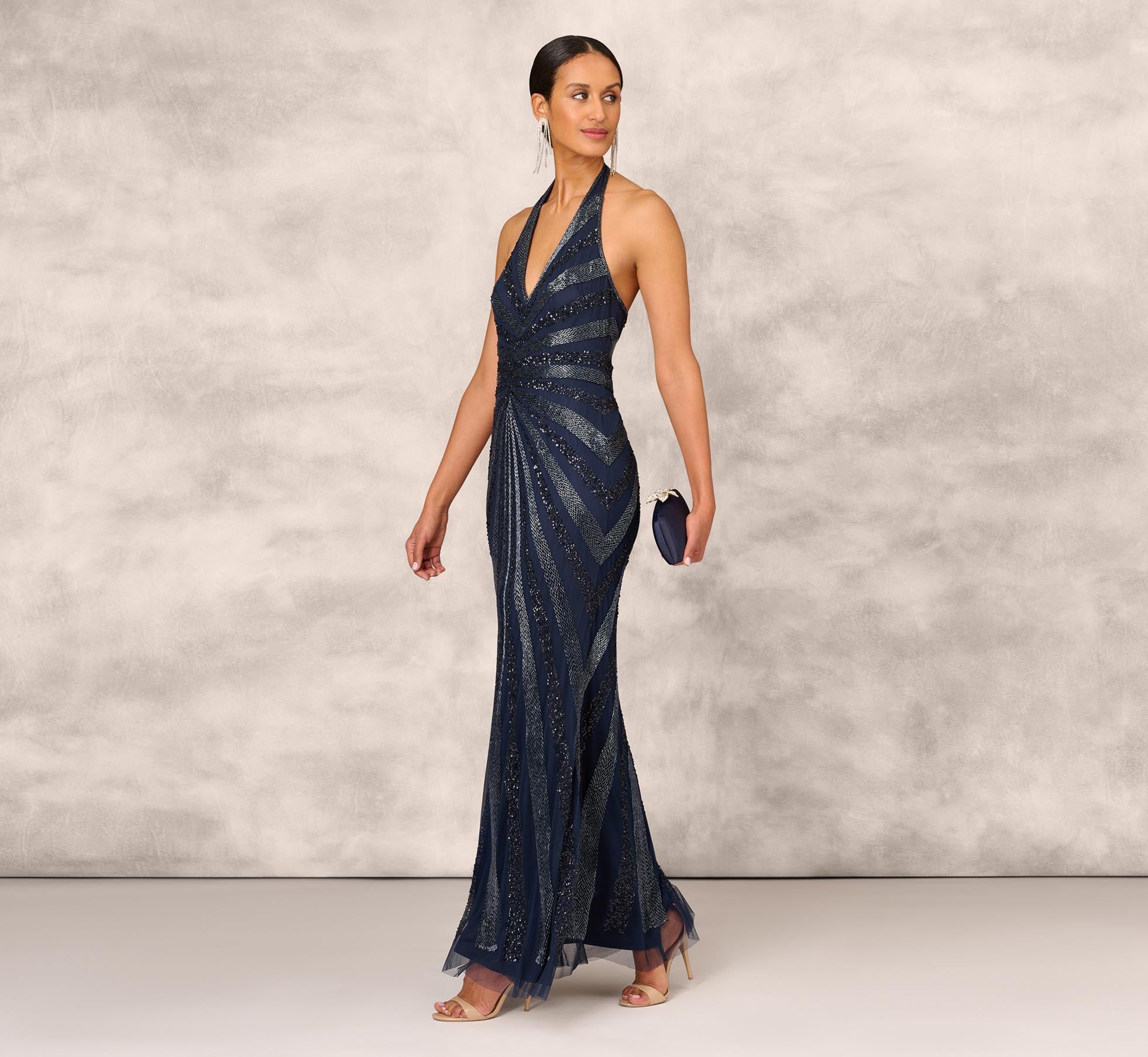 Dazzling Beaded Halter Gown With Deep V Neckline In Navy