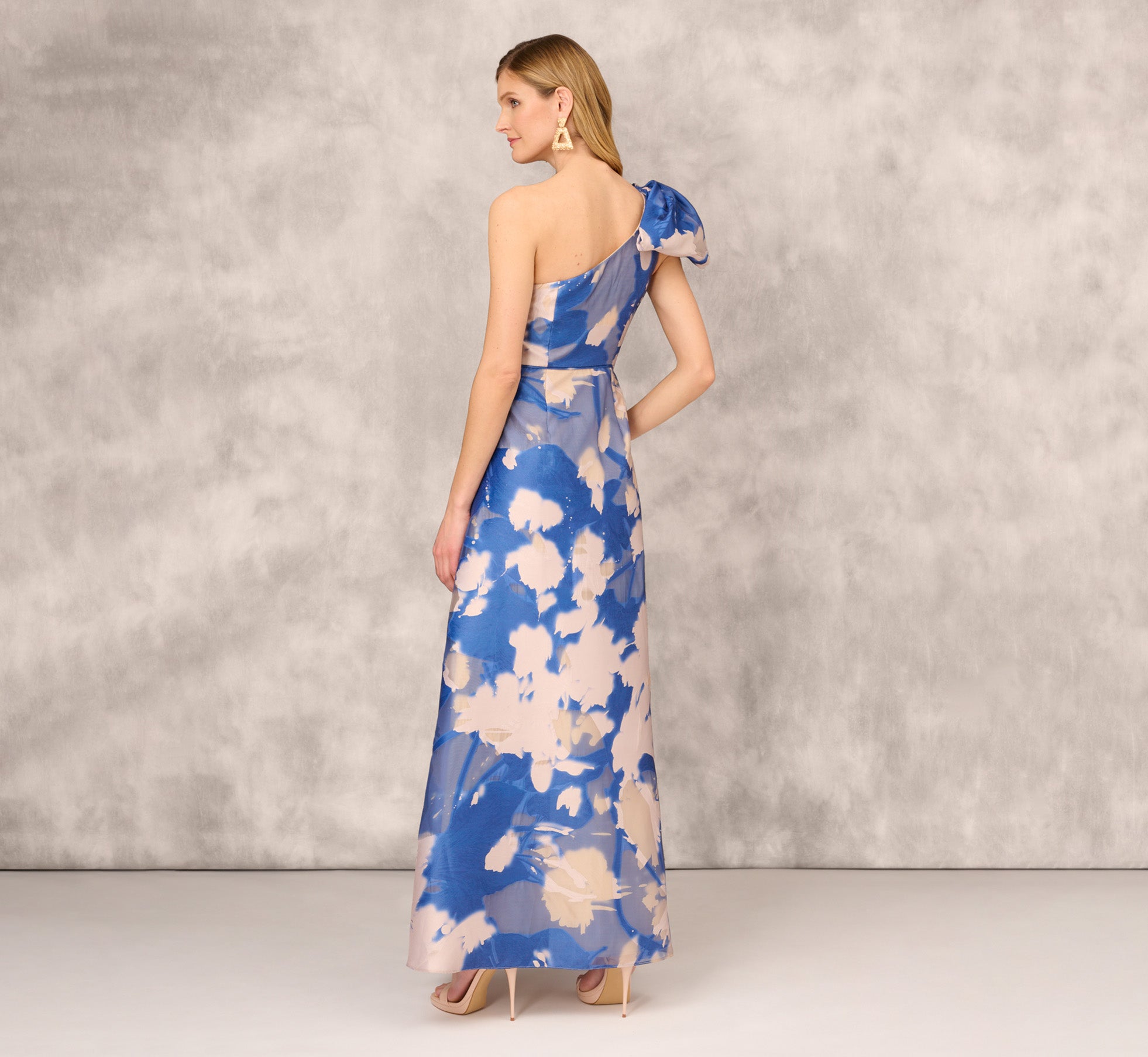 Floral Jacquard One Shoulder Ball Gown With Bow Accent In Royal