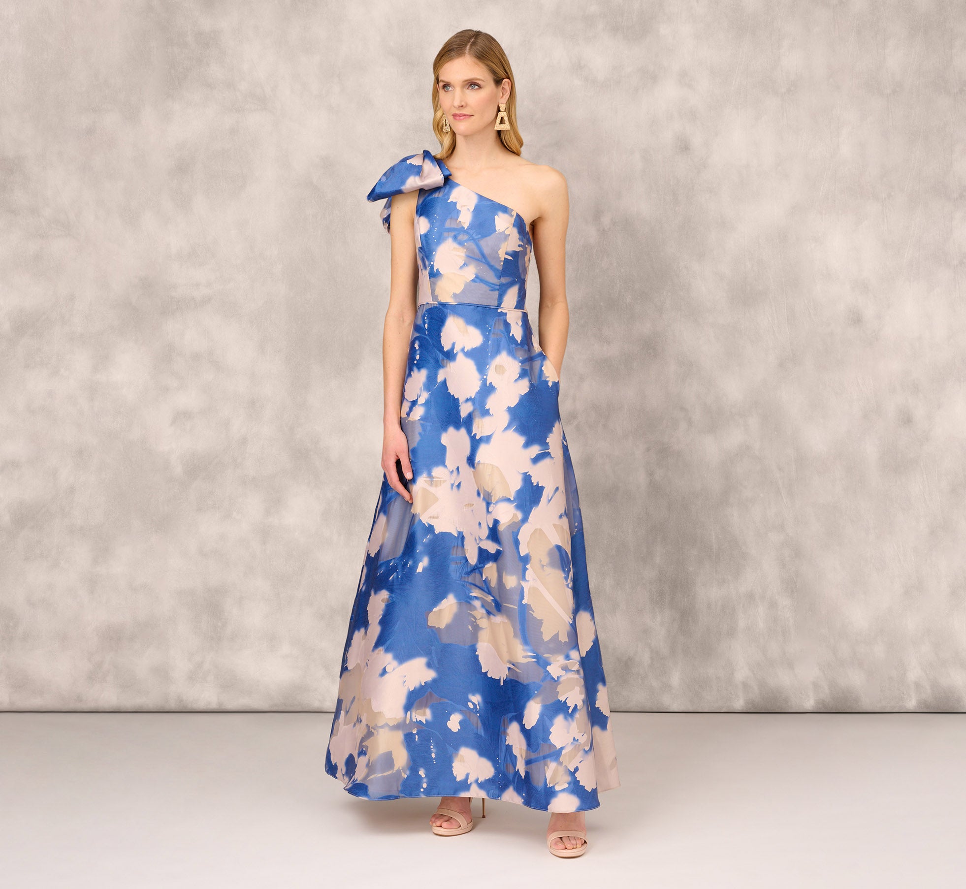 Floral Jacquard One Shoulder Ball Gown With Bow Accent In Royal