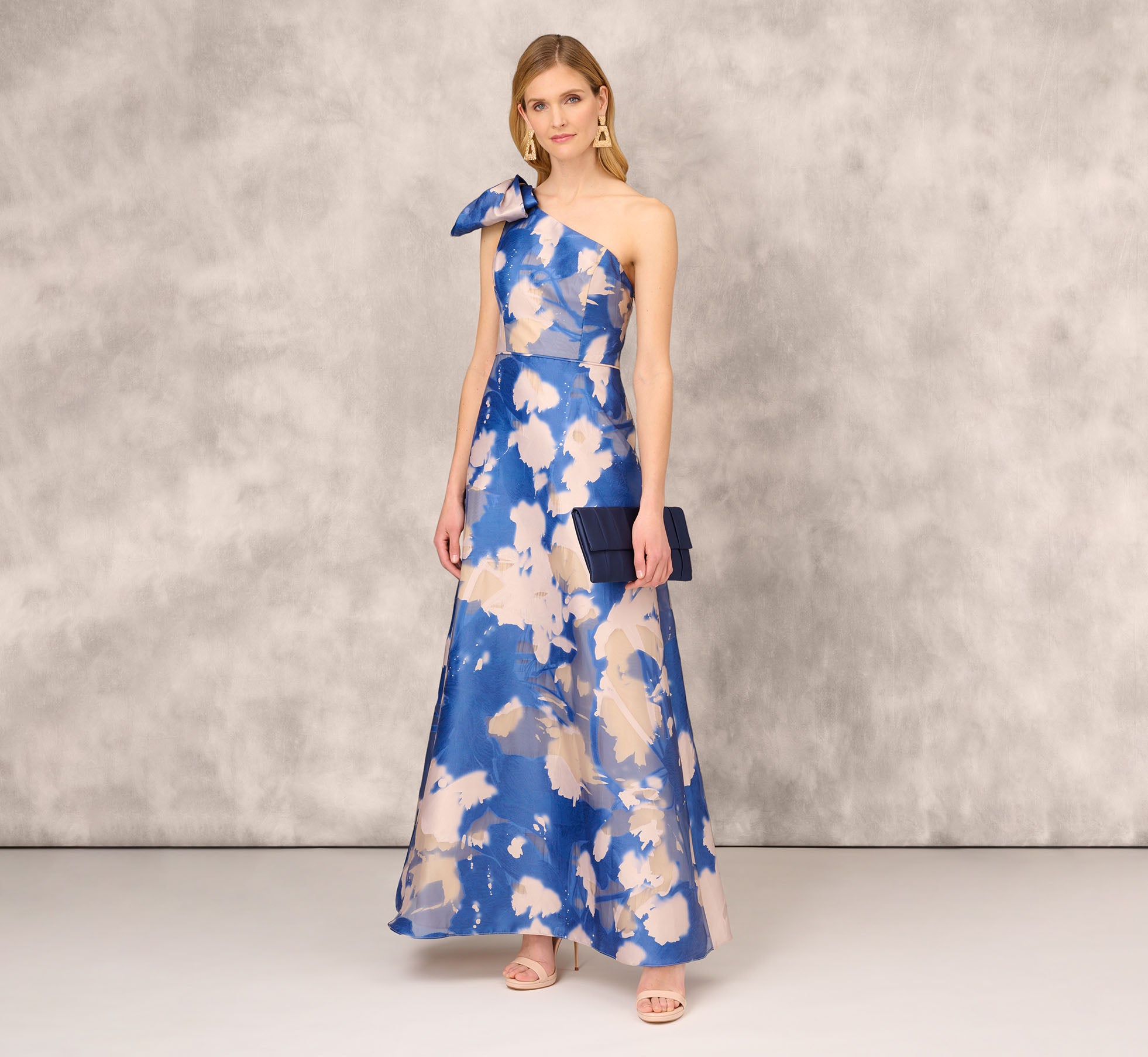 Floral Jacquard One Shoulder Ball Gown With Bow Accent In Royal