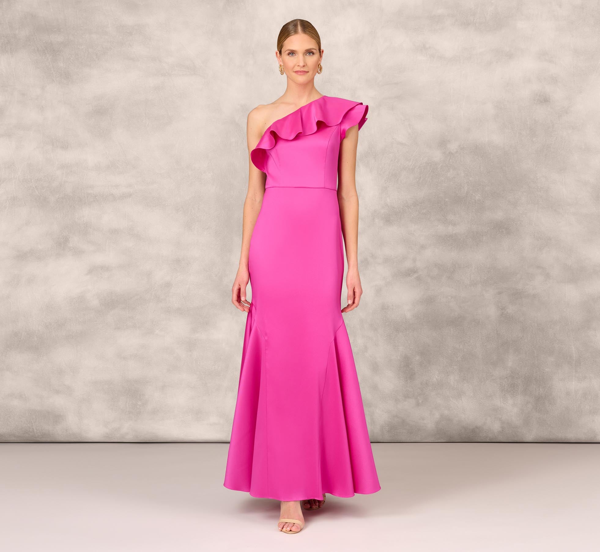 One Shoulder Mermaid Gown With Ruffle Details In Magenta