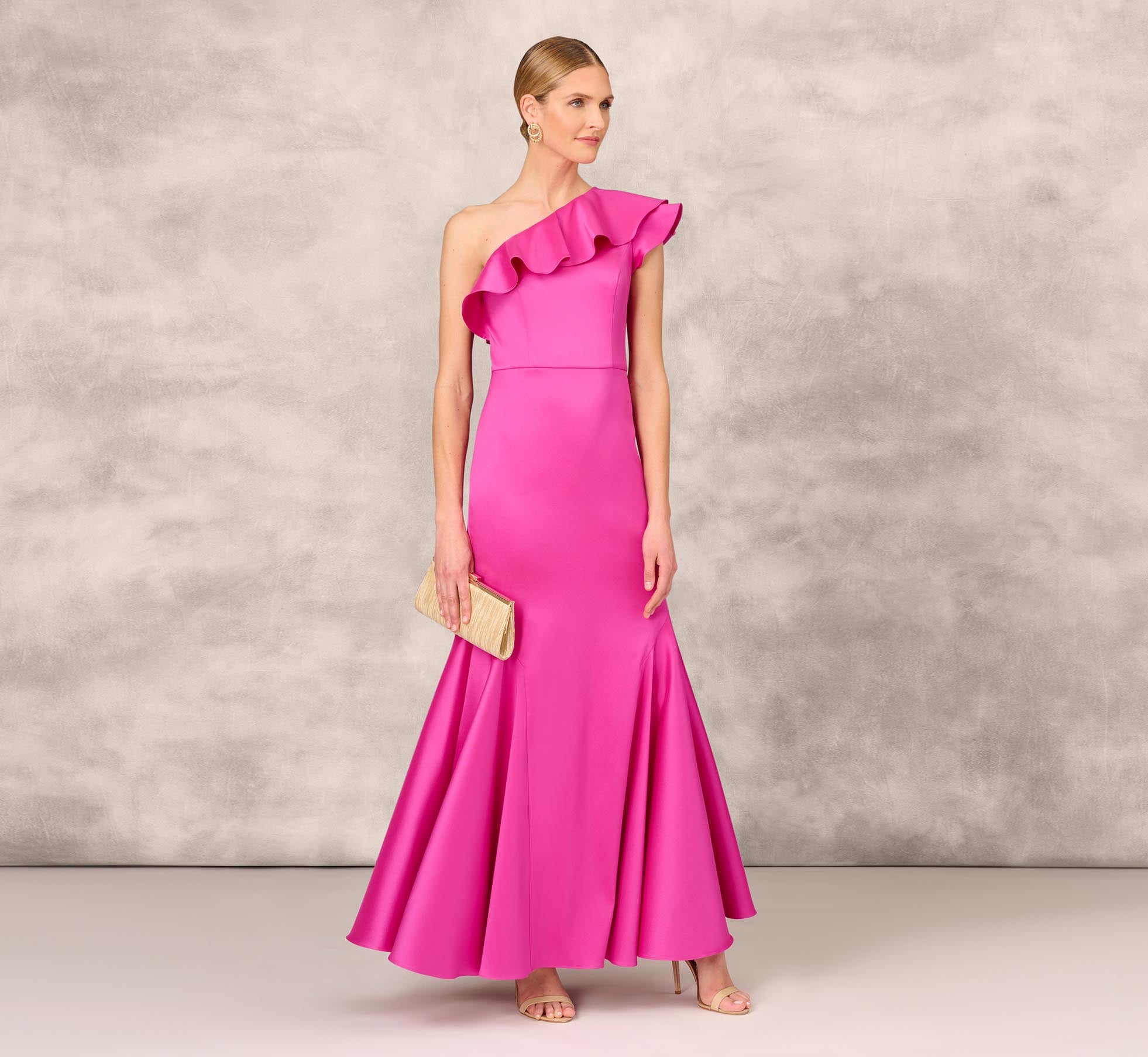 One Shoulder Mermaid Gown With Ruffle Details In Magenta