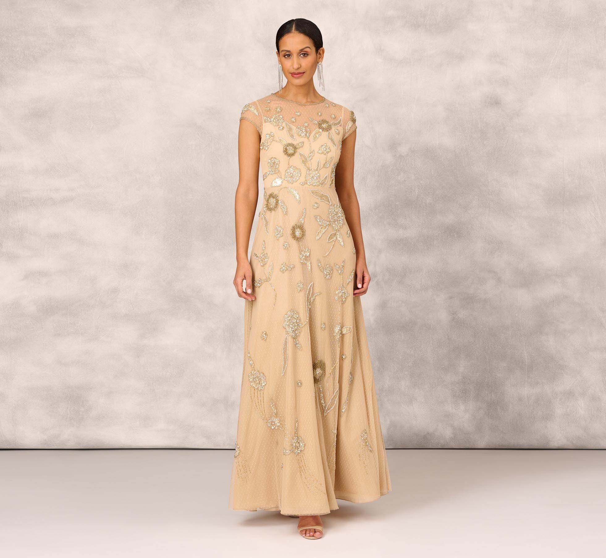 Floral Hand Beaded Point D Sprit Mesh Illusion Gown In Light Gold