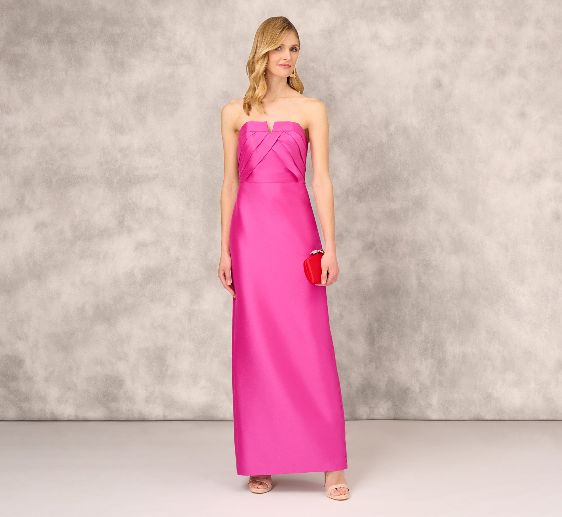 Strapless Mikado Gown With Pleated Bodice In Magenta Adrianna Papell