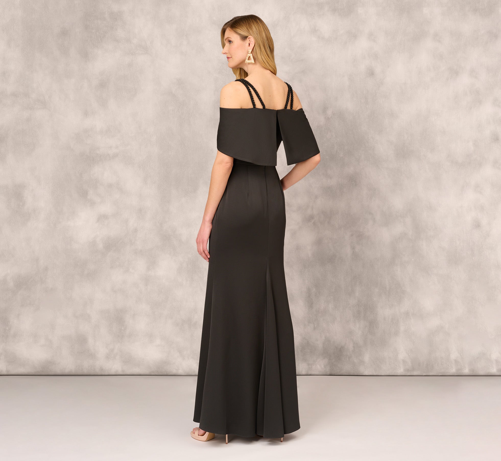 Satin Crepe Column Gown With Beaded Double Strap Details In