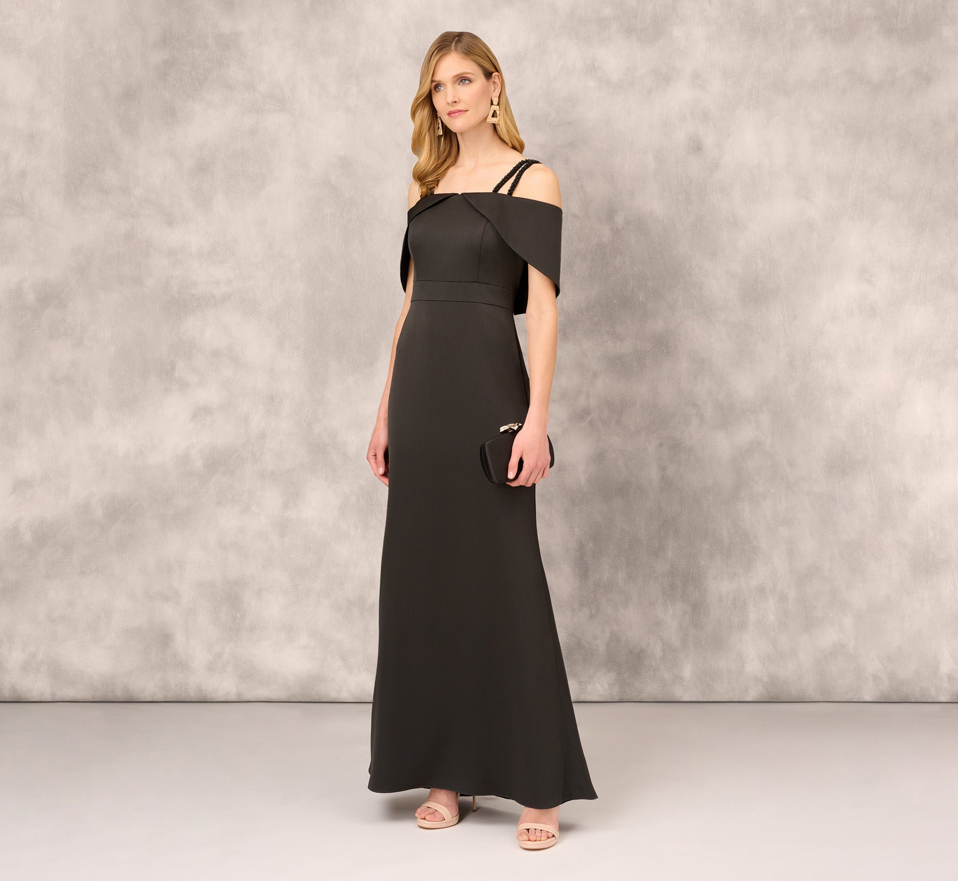 Satin Crepe Column Gown With Beaded Double Strap Details In