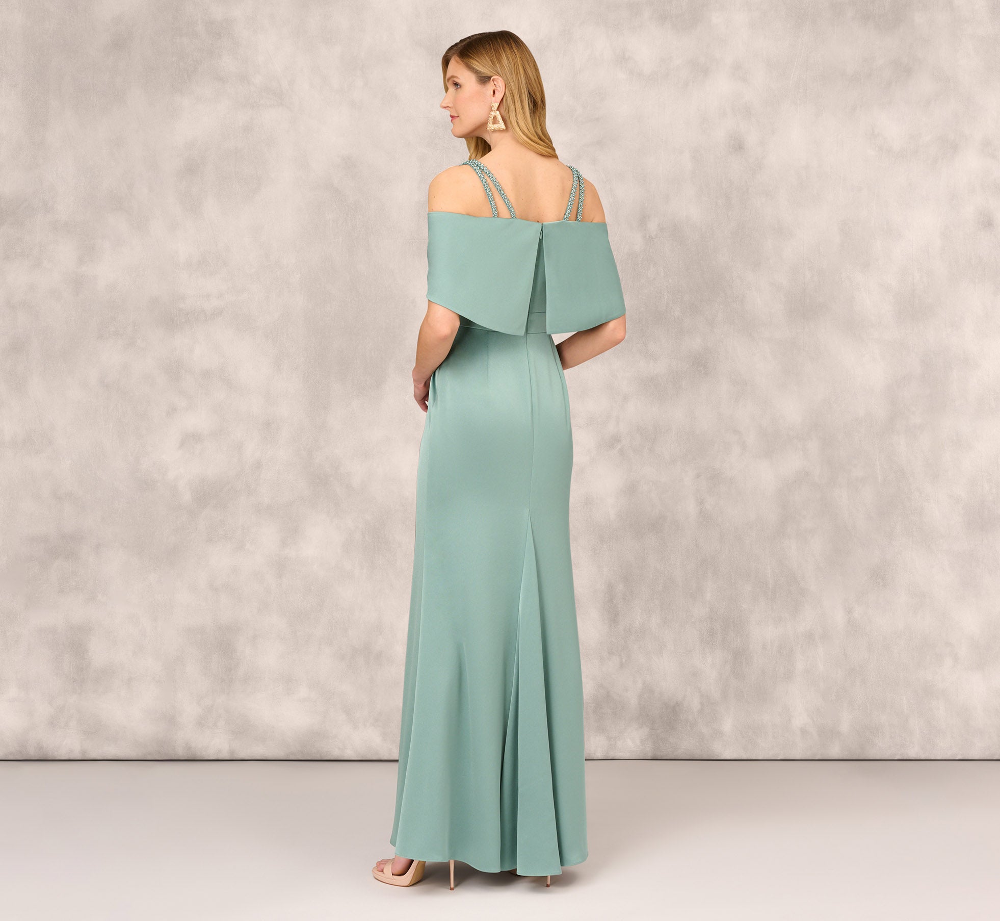 Satin Crepe Column Gown With Beaded Double Strap Details In Green