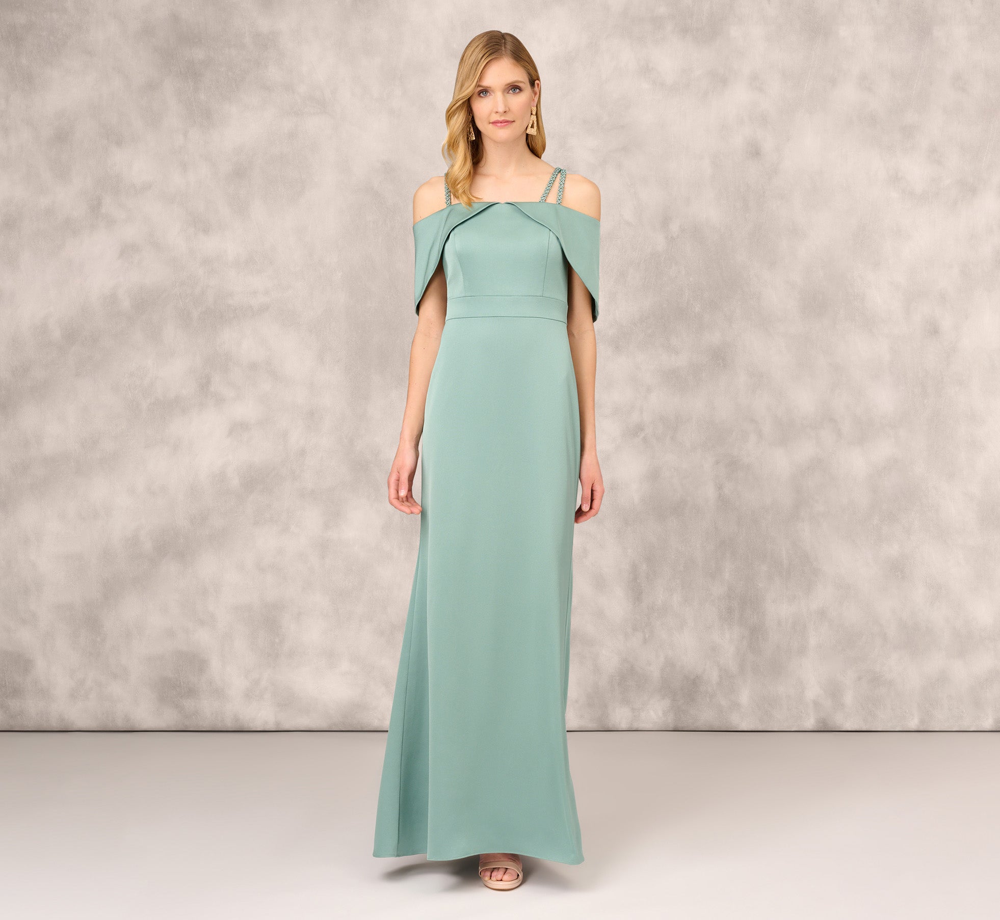 Satin Crepe Column Gown With Beaded Double Strap Details In