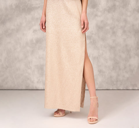 Asymmetrical Column Gown With Ruffle Details In Taupe