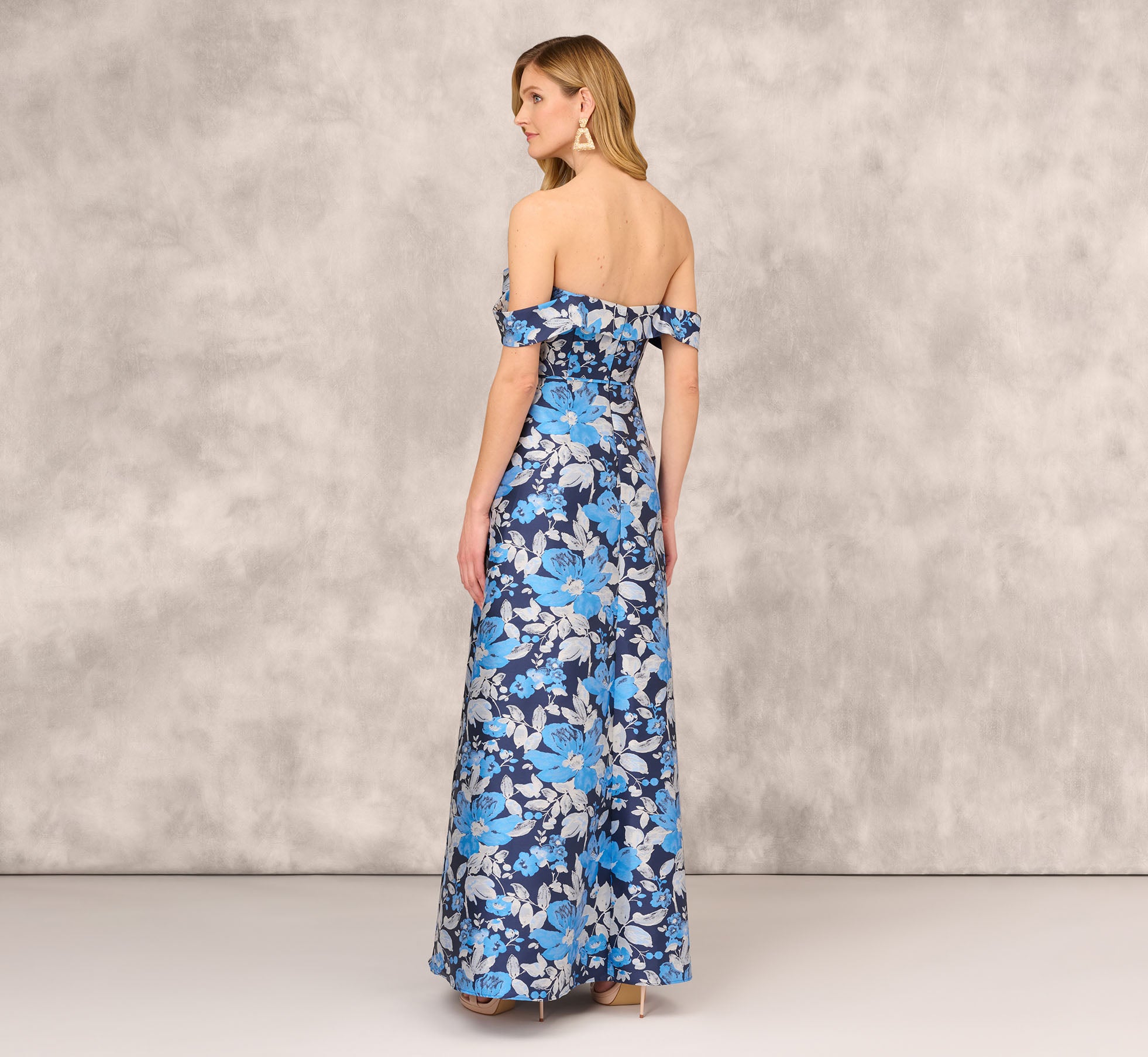 Off The Shoulder Floral Jacquard Gown In Blue Multi Adrianna Papell