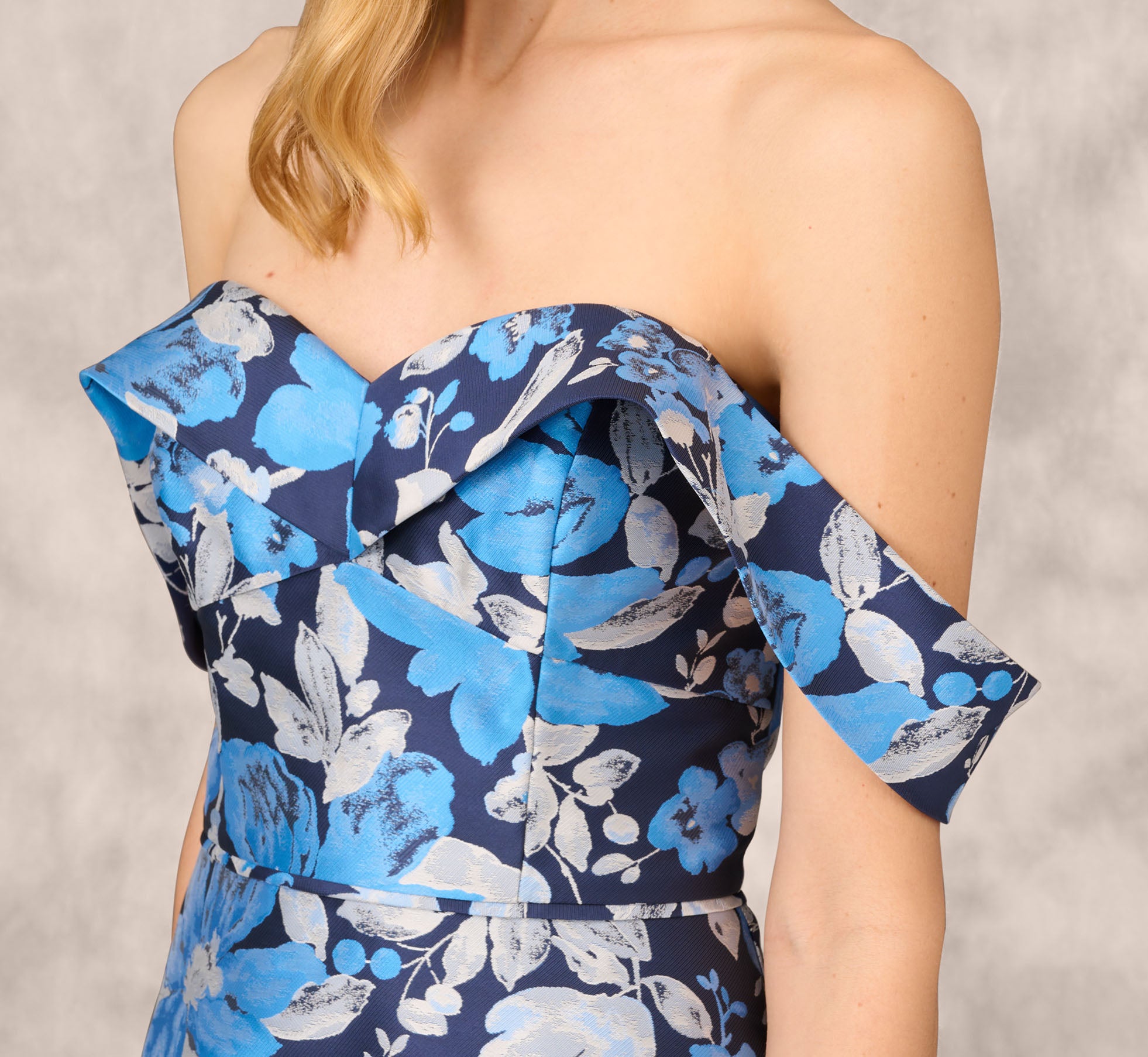 Off The Shoulder Floral Jacquard Gown In Blue Multi Adrianna Papell