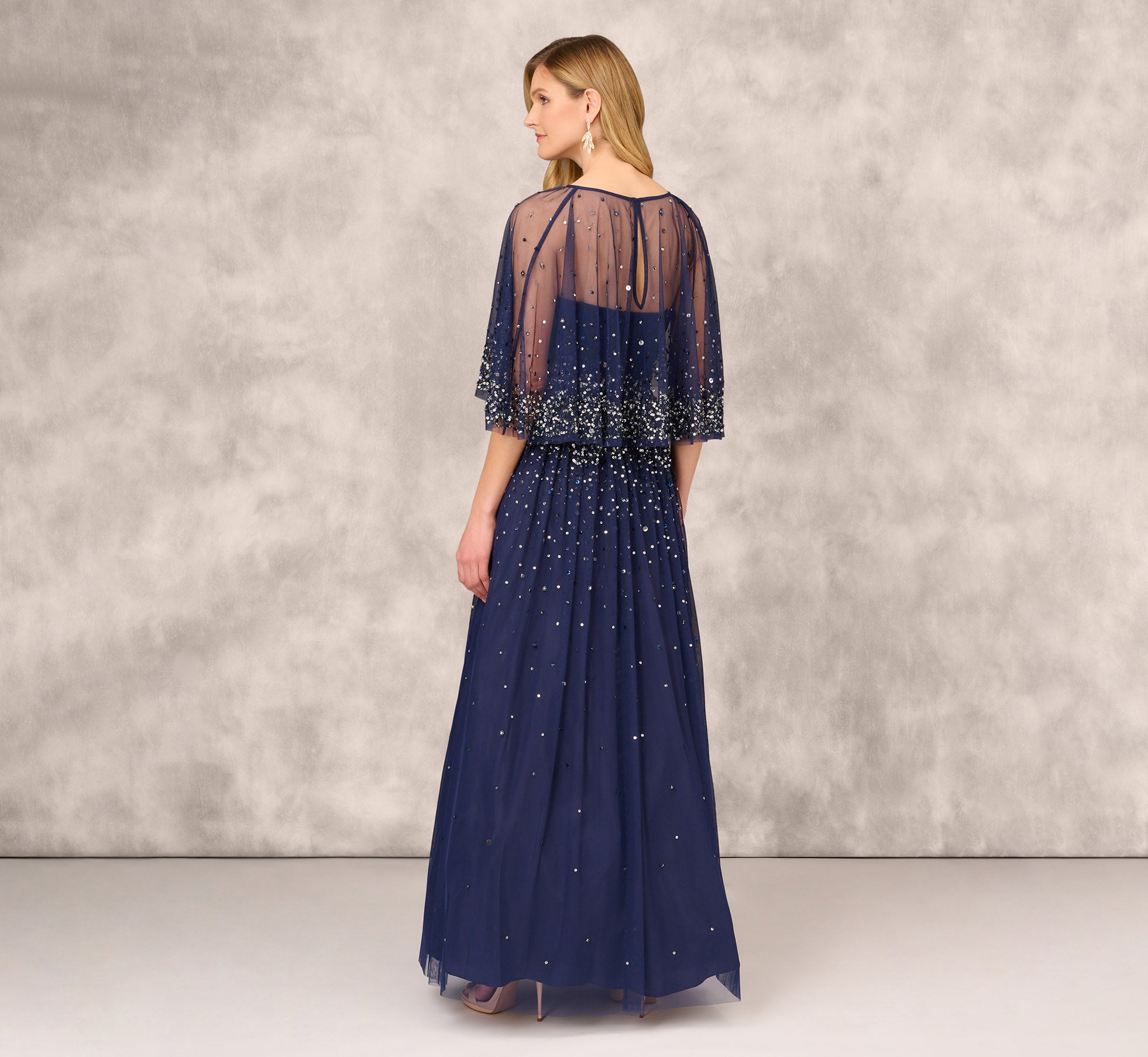 Beaded Strapless Gown With Sheer Removable Cape In Navy