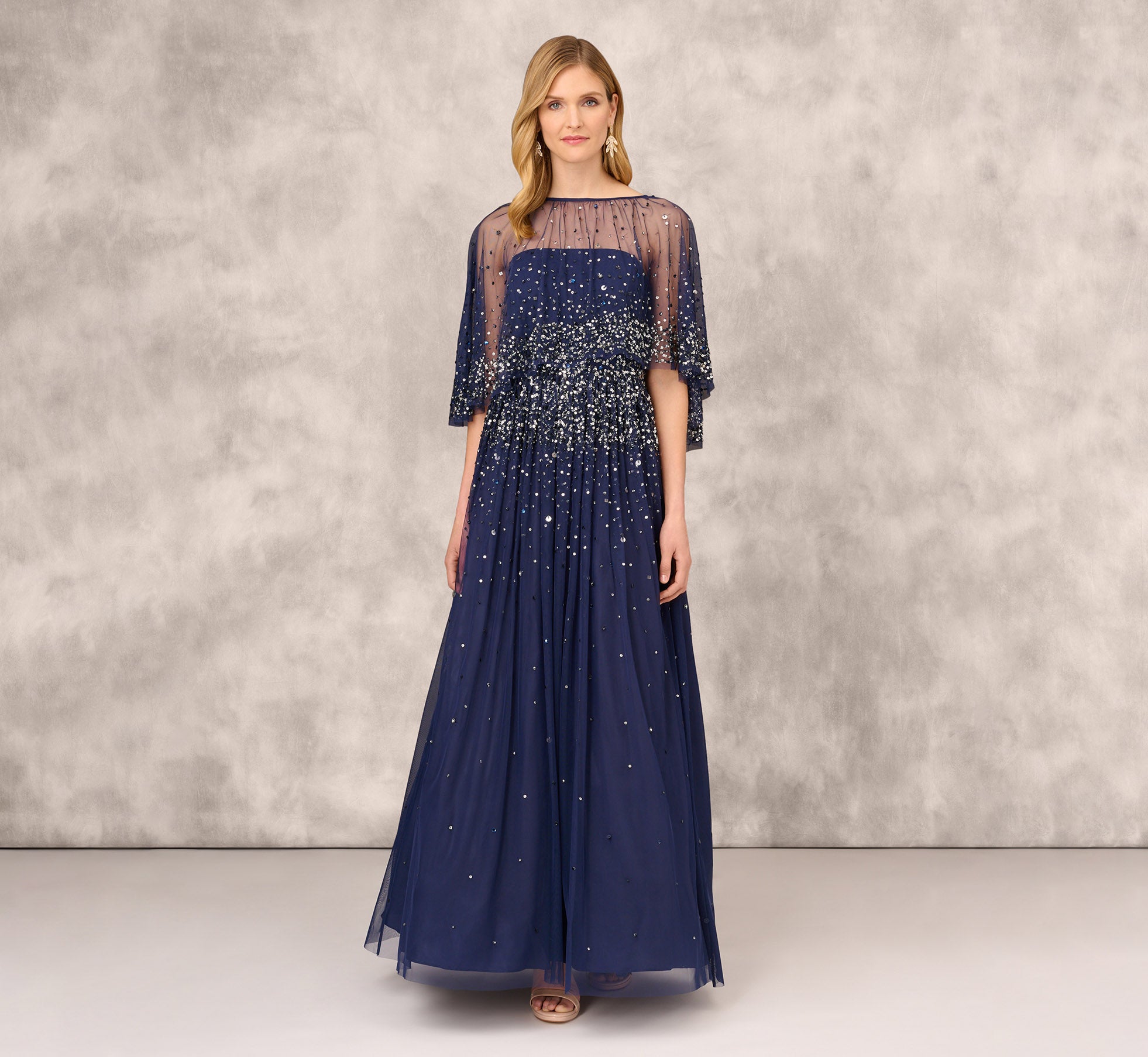 Beaded Strapless Gown With Sheer Removable Cape In Navy | Adrianna