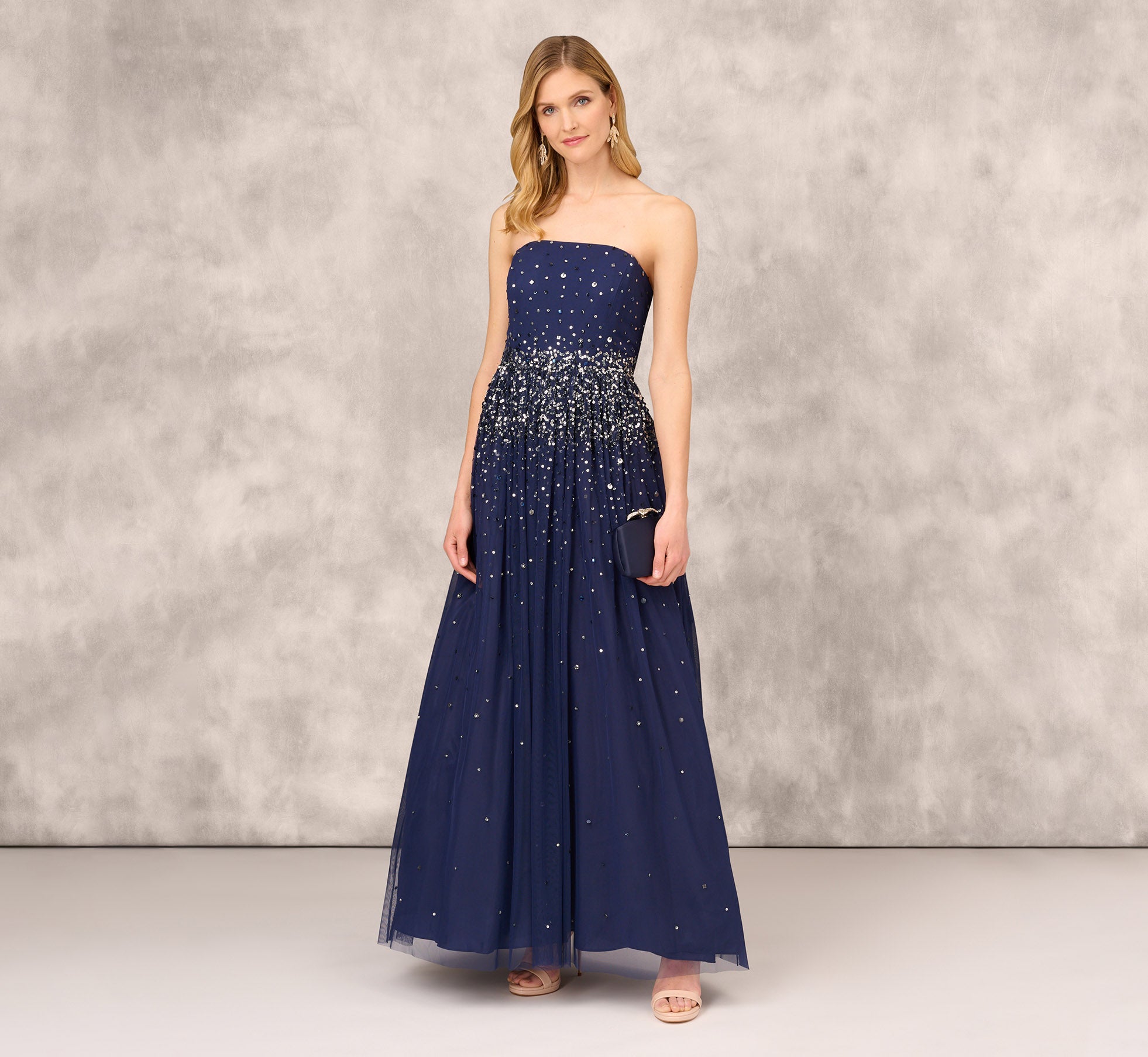 Beaded Strapless Gown With Sheer Removable Cape In Navy