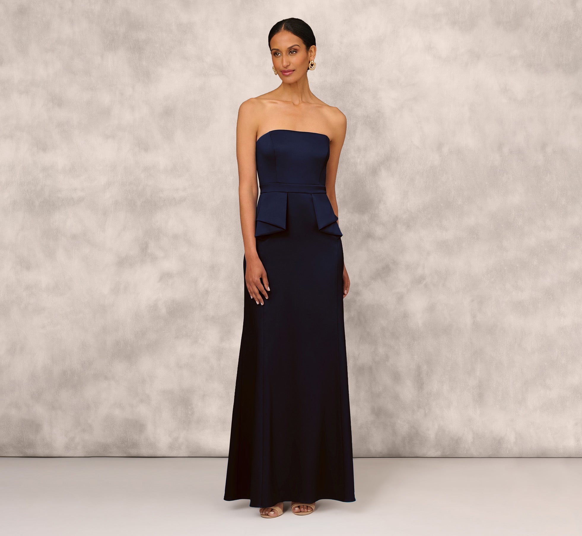 Mikado Strapless Gown With Peplum Sides In Navy Adrianna Papell