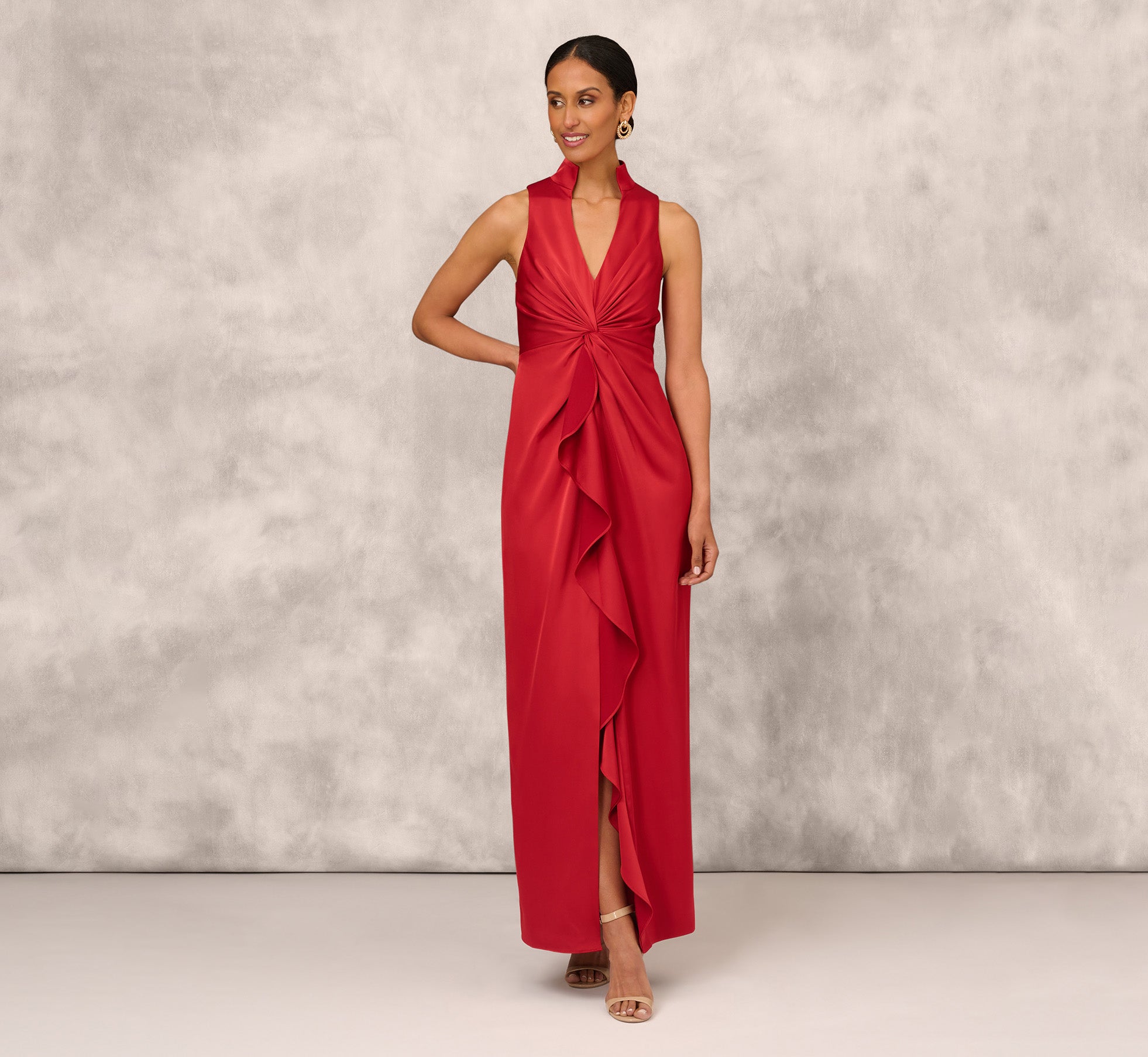 Crepe Back Satin Sleeveless Gown With Ruffle Accent In Autumn