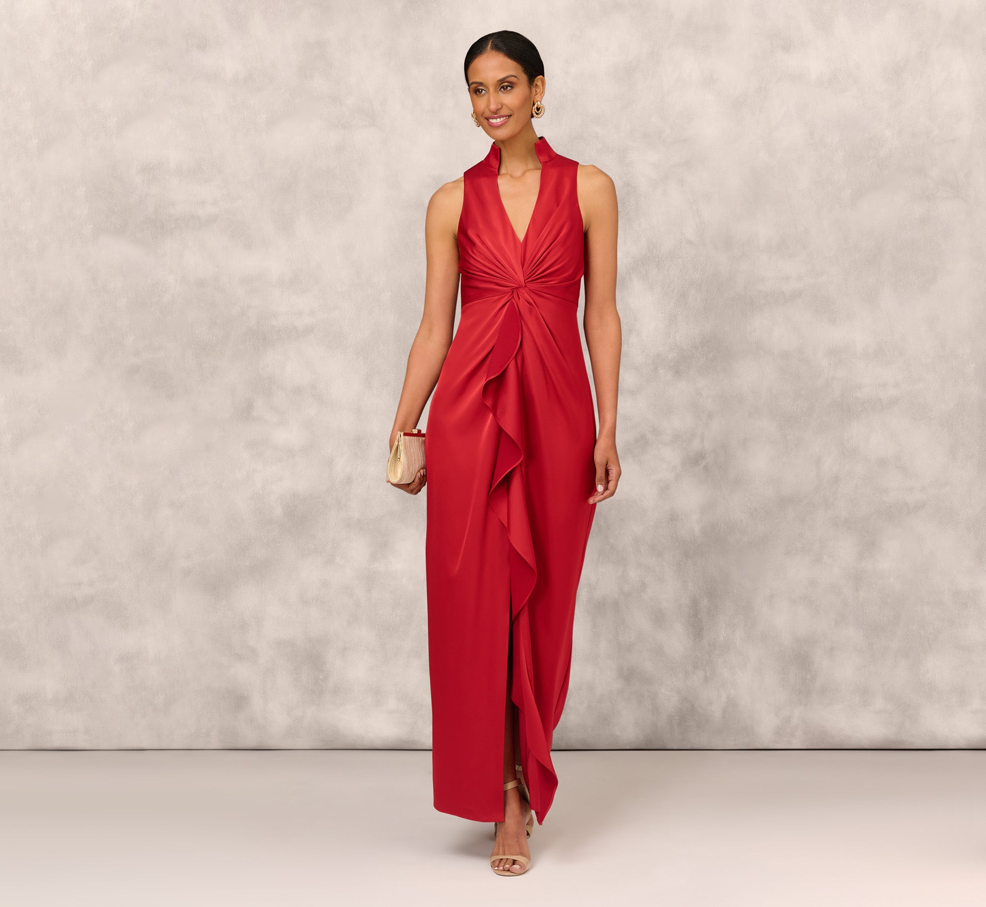 Crepe Back Satin Sleeveless Gown With Ruffle Accent In Autumn