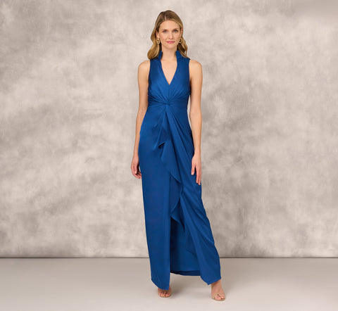 Crepe Back Satin Sleeveless Gown With Ruffle Accent In Deep Ocean