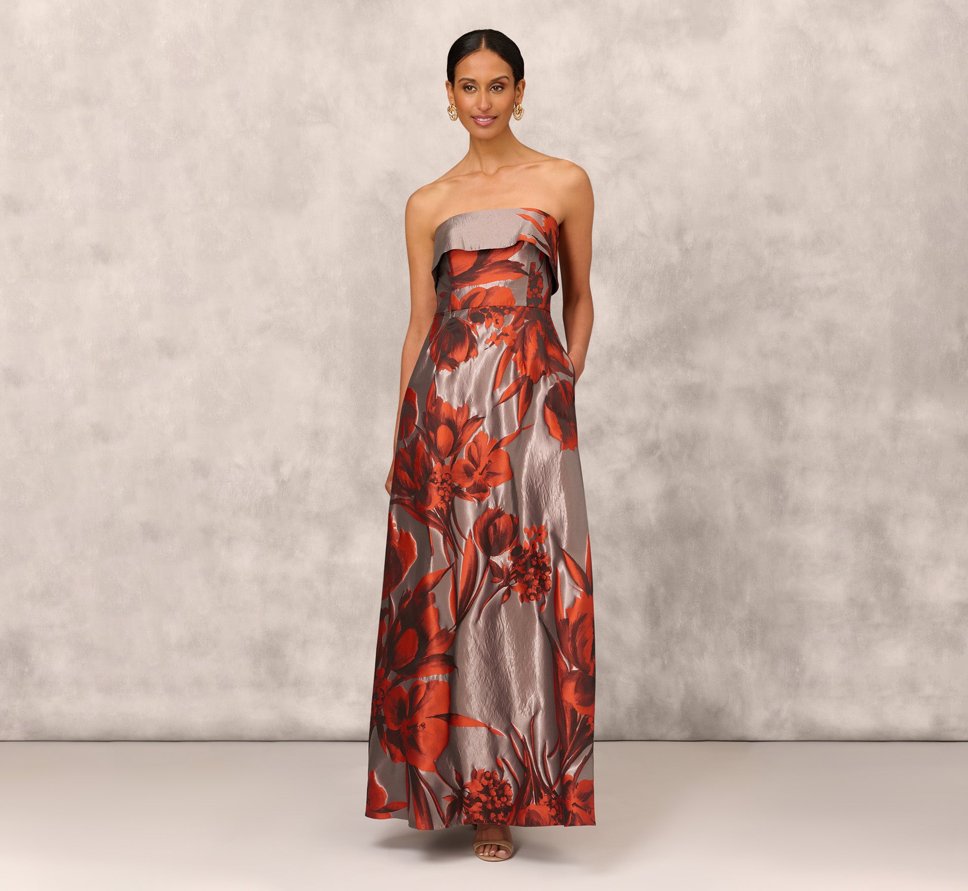 Metallic Floral Jacquard Strapless Gown With Pockets In Rust Multi