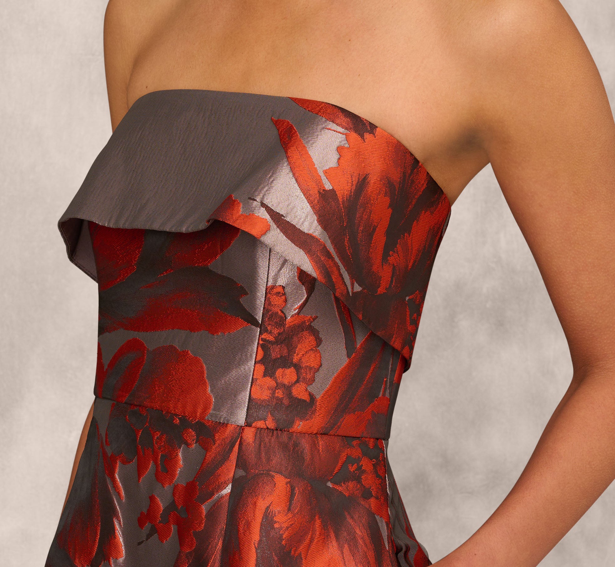 Metallic Floral Jacquard Strapless Gown With Pockets In Rust Multi