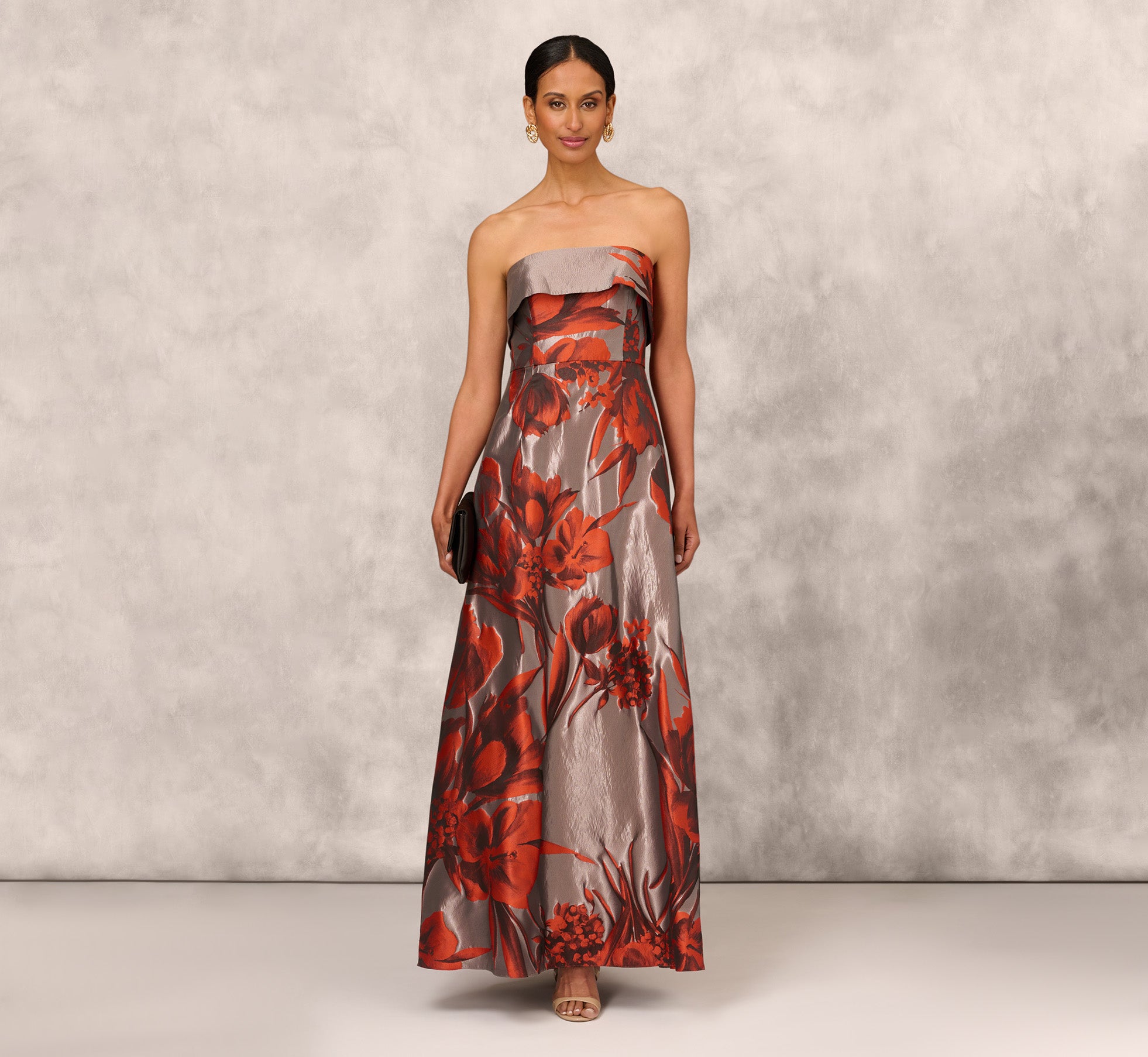 Metallic Floral Jacquard Strapless Gown With Pockets In Rust Multi