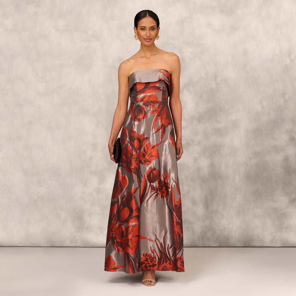 Ribbed Flowered Metallic Jacquard Gown