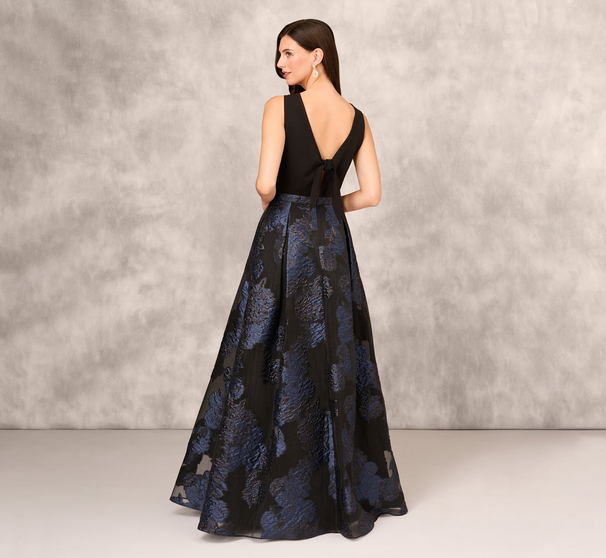 Halter Ball Gown With Floral Jacquard Skirt In Navy Multi